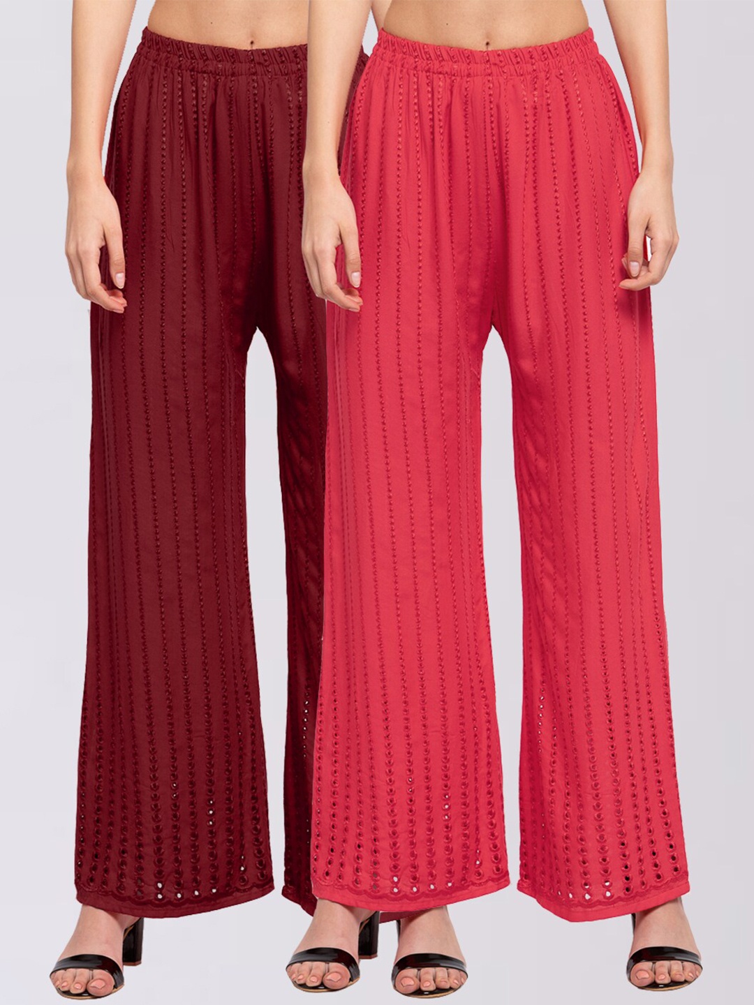 

KLOTTHE Women Pack Of 2 Maroon & Pink Embroidered Wide Leg Palazzos
