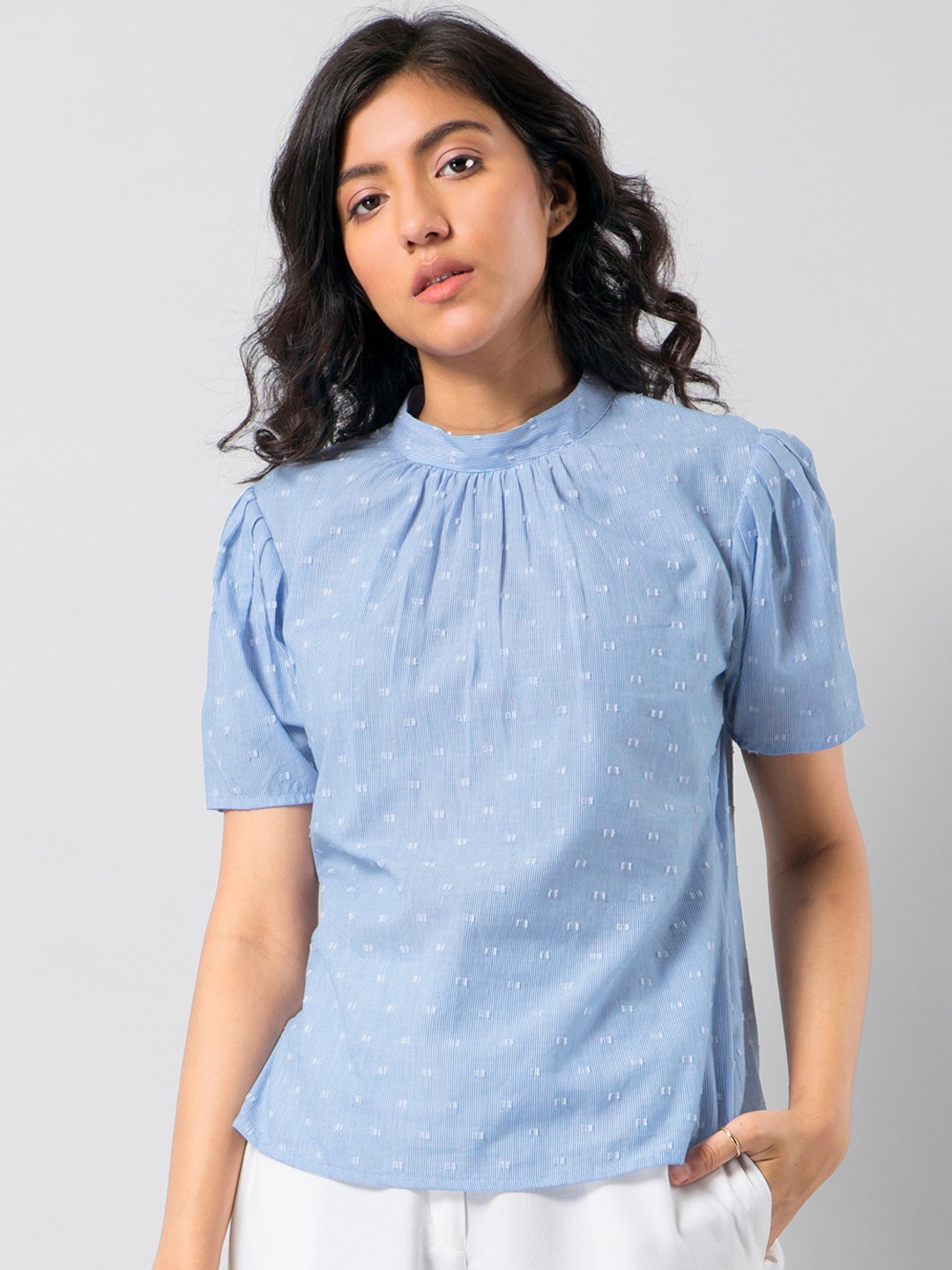 

FabAlley Blue Pin Stripe Dobby High Neck Top
