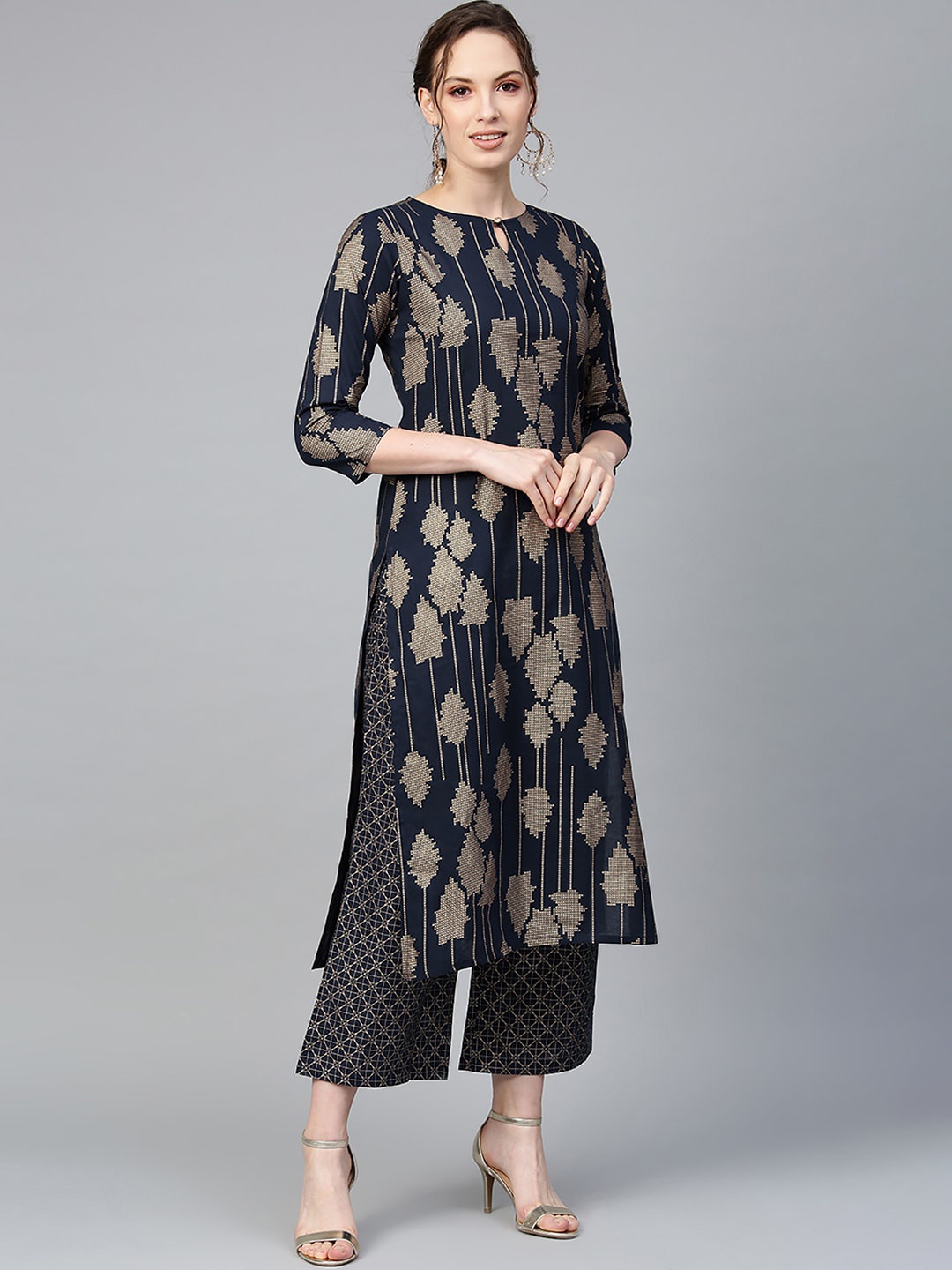 

Indo Era Women Navy Blue & Gold-Toned PrintedKeyhole Neck Kurta & Palazzo