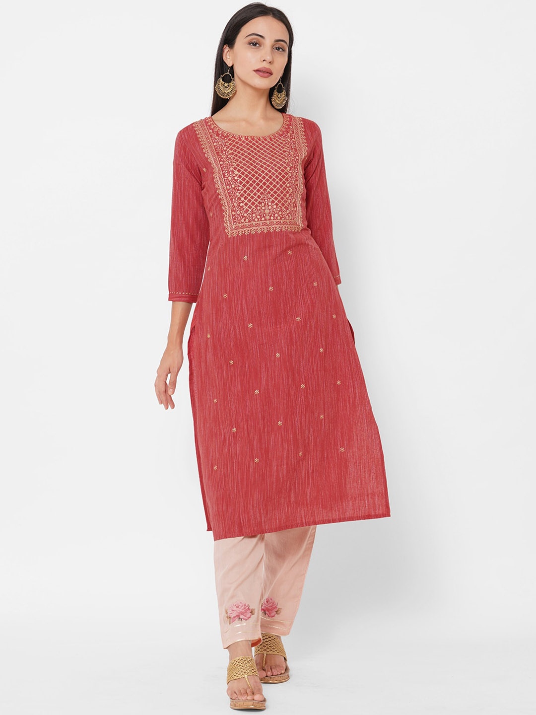 

FASHOR Women Pink & Gold-Toned Ethnic Motifs Thread Work Kurta