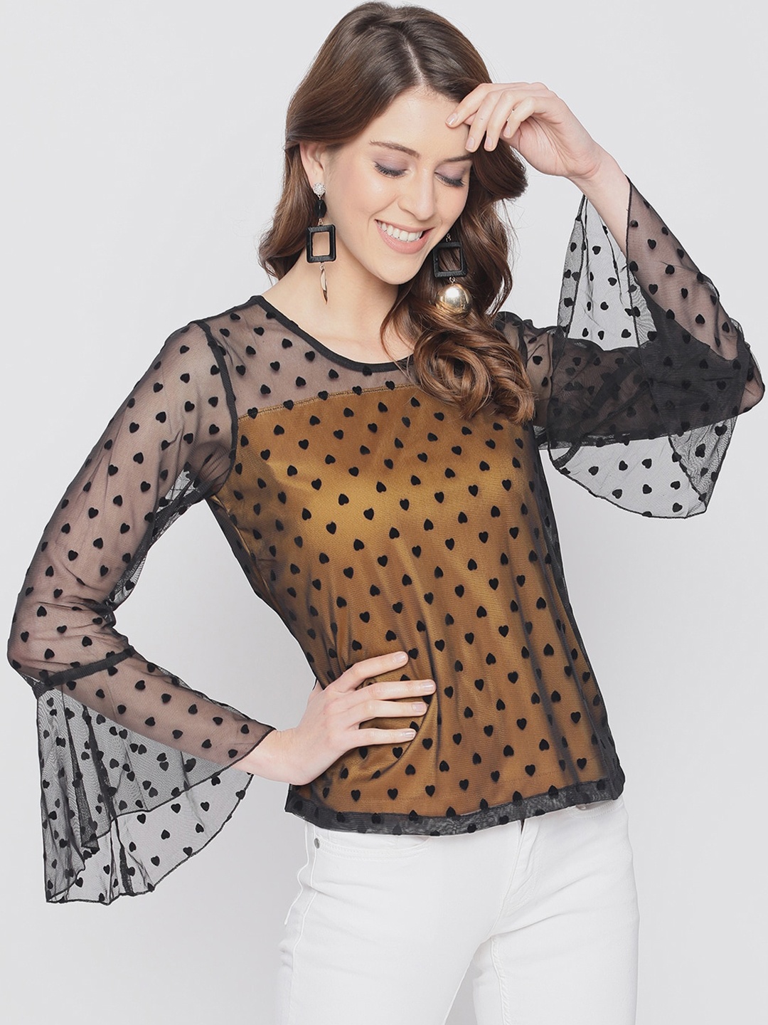 

AKIMIA Black Net Bell Sleeves A-Line Top