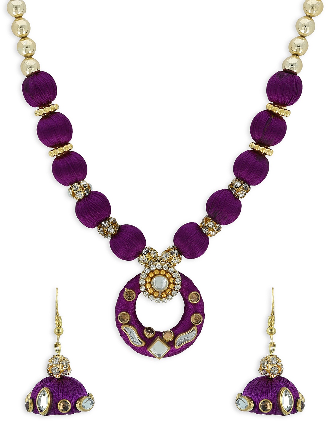 

AKSHARA Gold-Plated Purple & Beige Beaded & Stone-Studded Handcrafted Jewellery Set