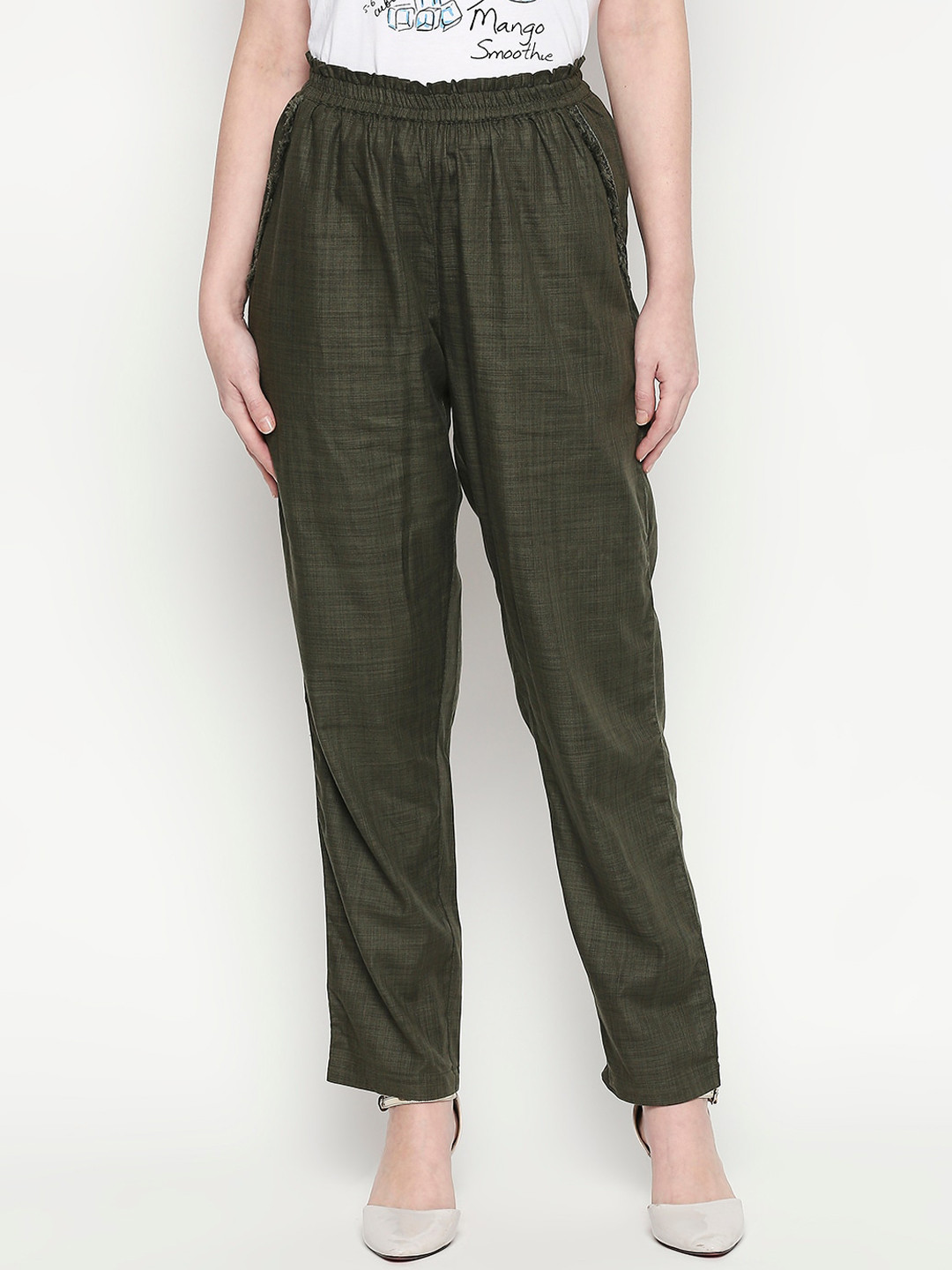 

People Women Olive Green Regular Fit Solid Regular Trousers