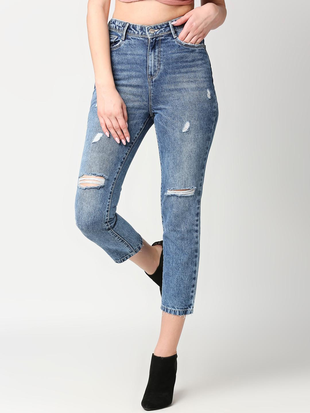 

Kraus Jeans Women Blue Super Straight Fit High-Rise Mildly Distressed Light Fade Jeans