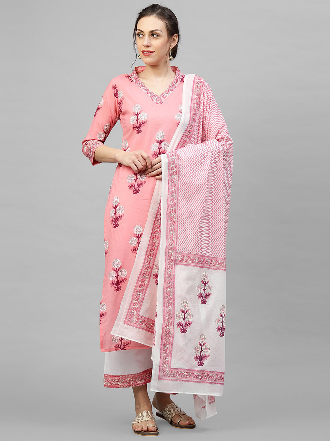 

Indo Era Women Pink Printed Regular Straight Pure Cotton Kurta with Palazzos & With