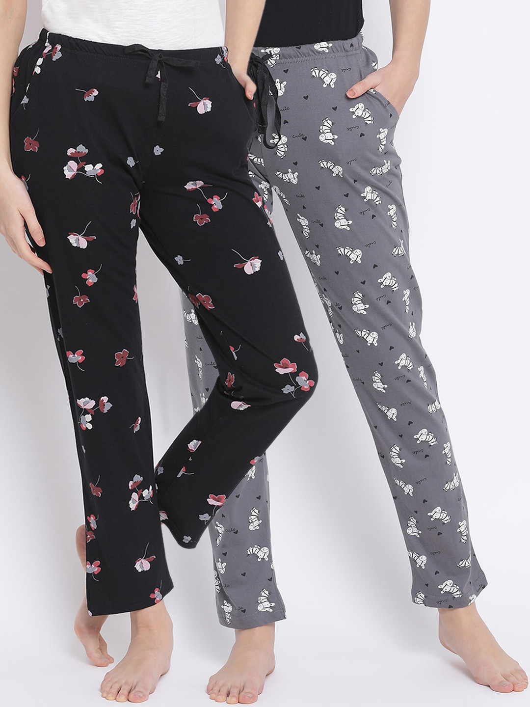 

Kanvin Women Pack of 2 Printed Pure Cotton Lounge Pants, Grey