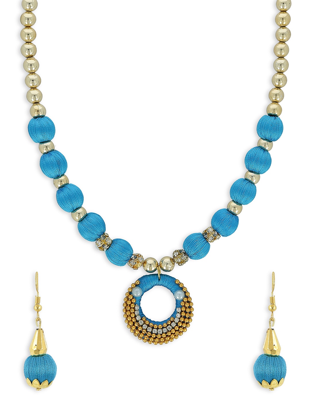 

AKSHARA Gold-Plated Blue & White Stone-Studded Beaded Handcrafted Jewellery Set