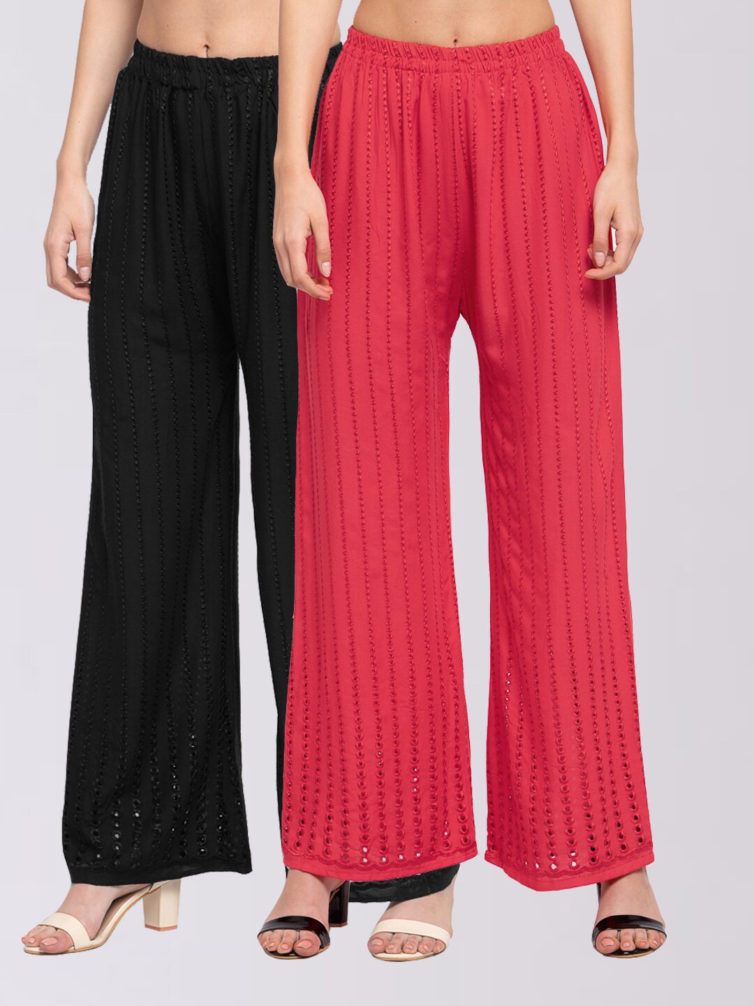 

KLOTTHE Women Multicoloured Pack of 2 Embroidered Wide Leg Palazzos, Multi