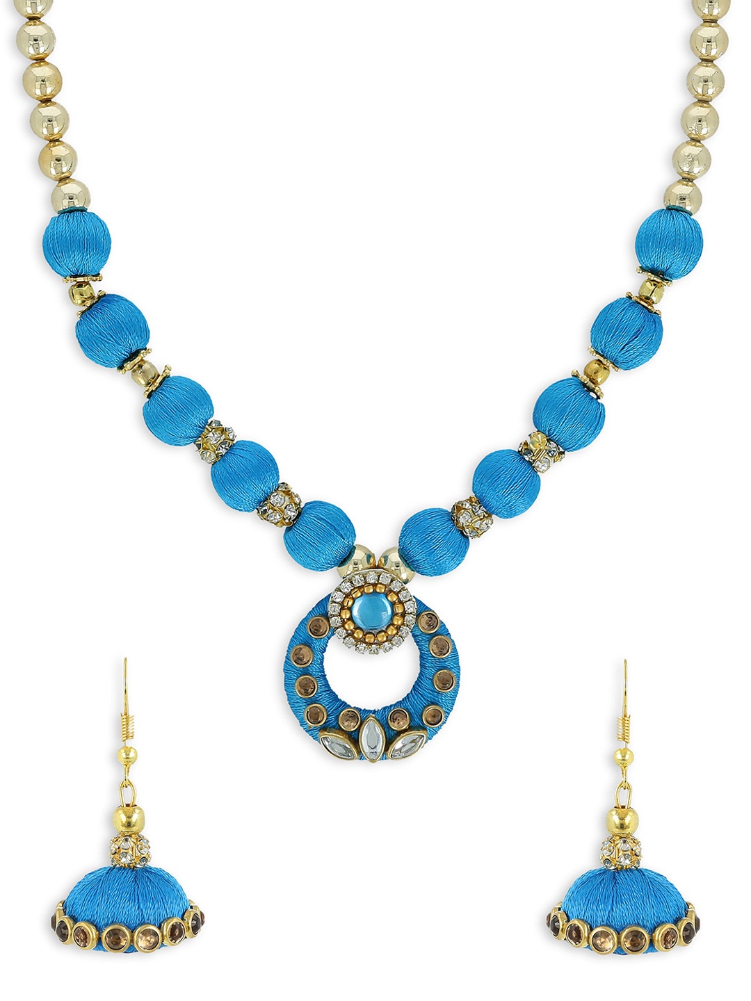 

AKSHARA Gold-Plated Blue & Beige Beaded & Stone-Studded Handcrafted Jewellery Set