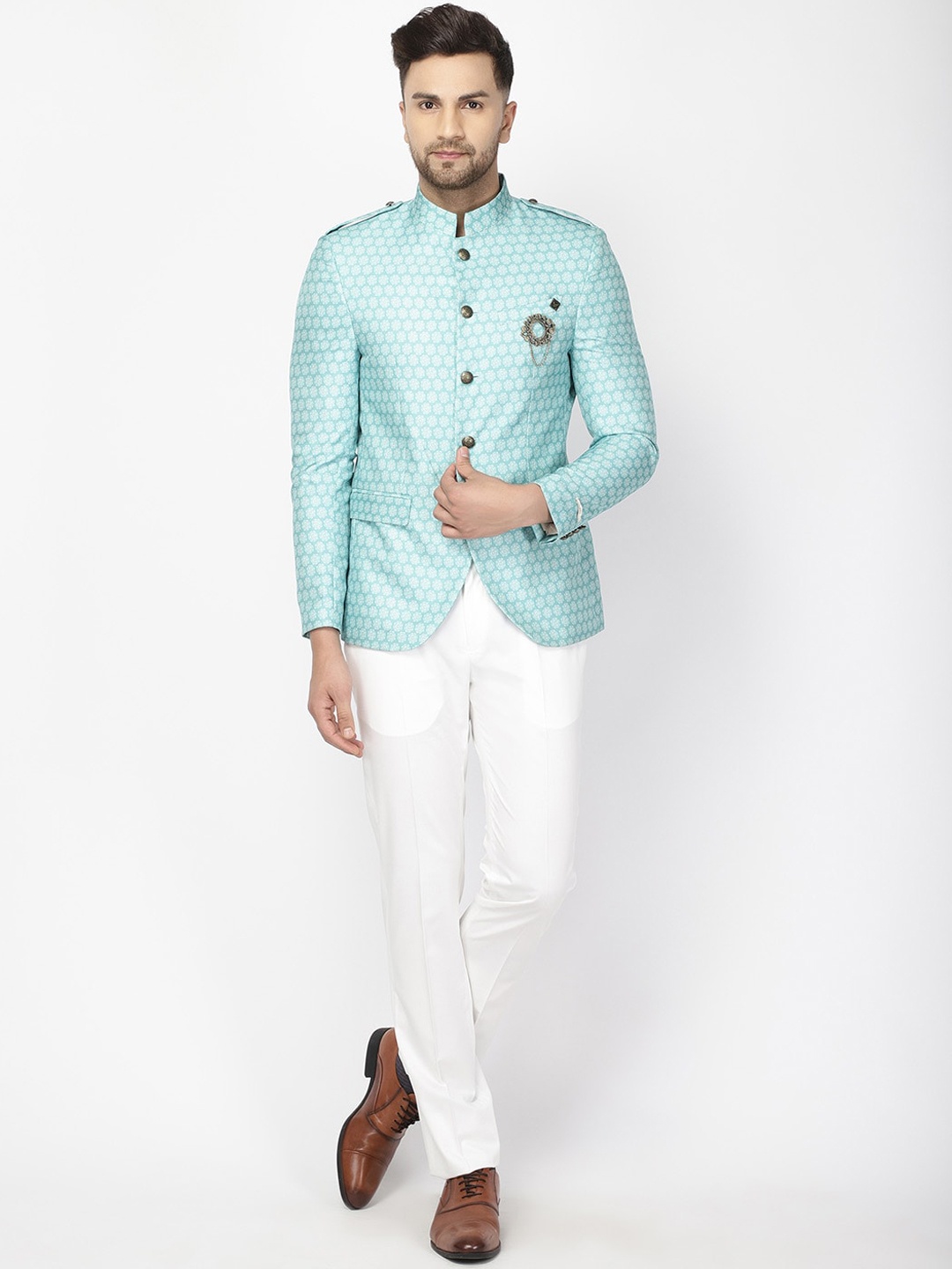 

Blackberrys Men Blue & White Printed Slim-Fit Single-Breasted Bandhgala Suit