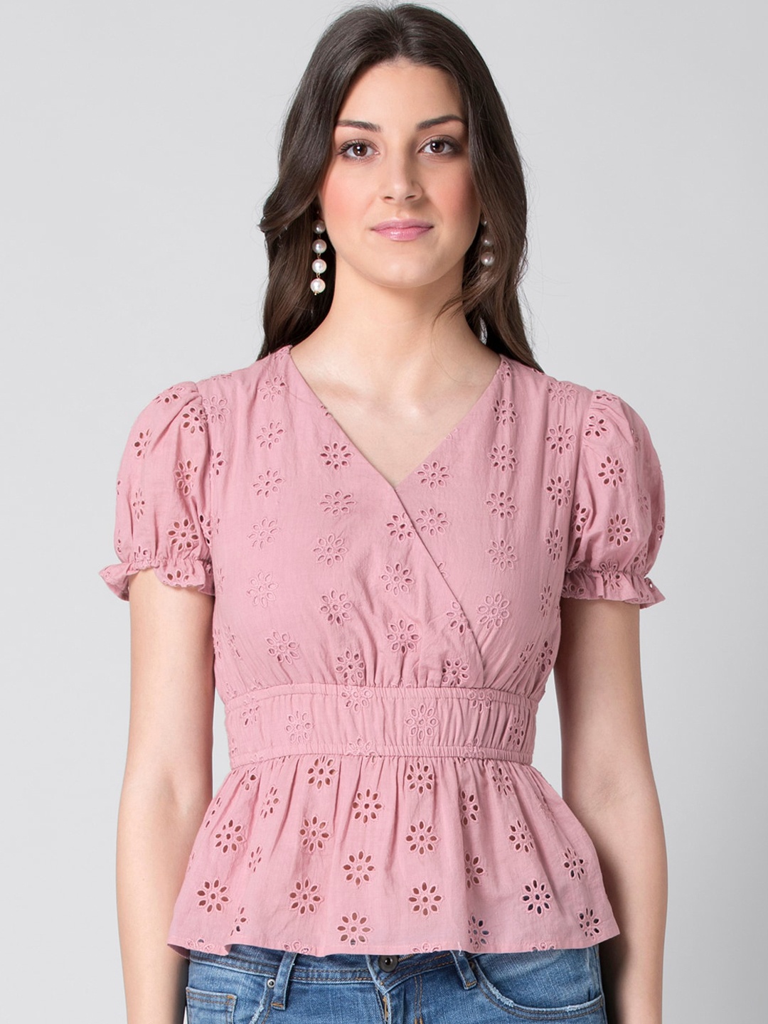 

FabAlley Mauve Floral Schiffli Elasticated Waist A-Line Top