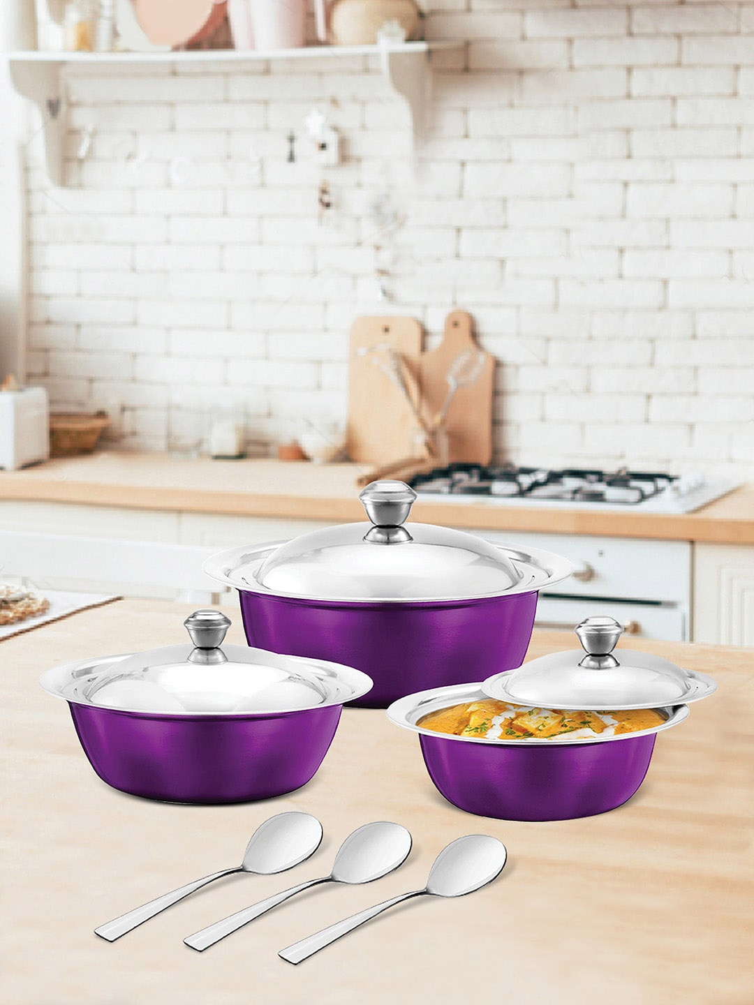 

Jensons Set Of 6 Purple & Silver-Toned Solid Handi Set with Service Spoons
