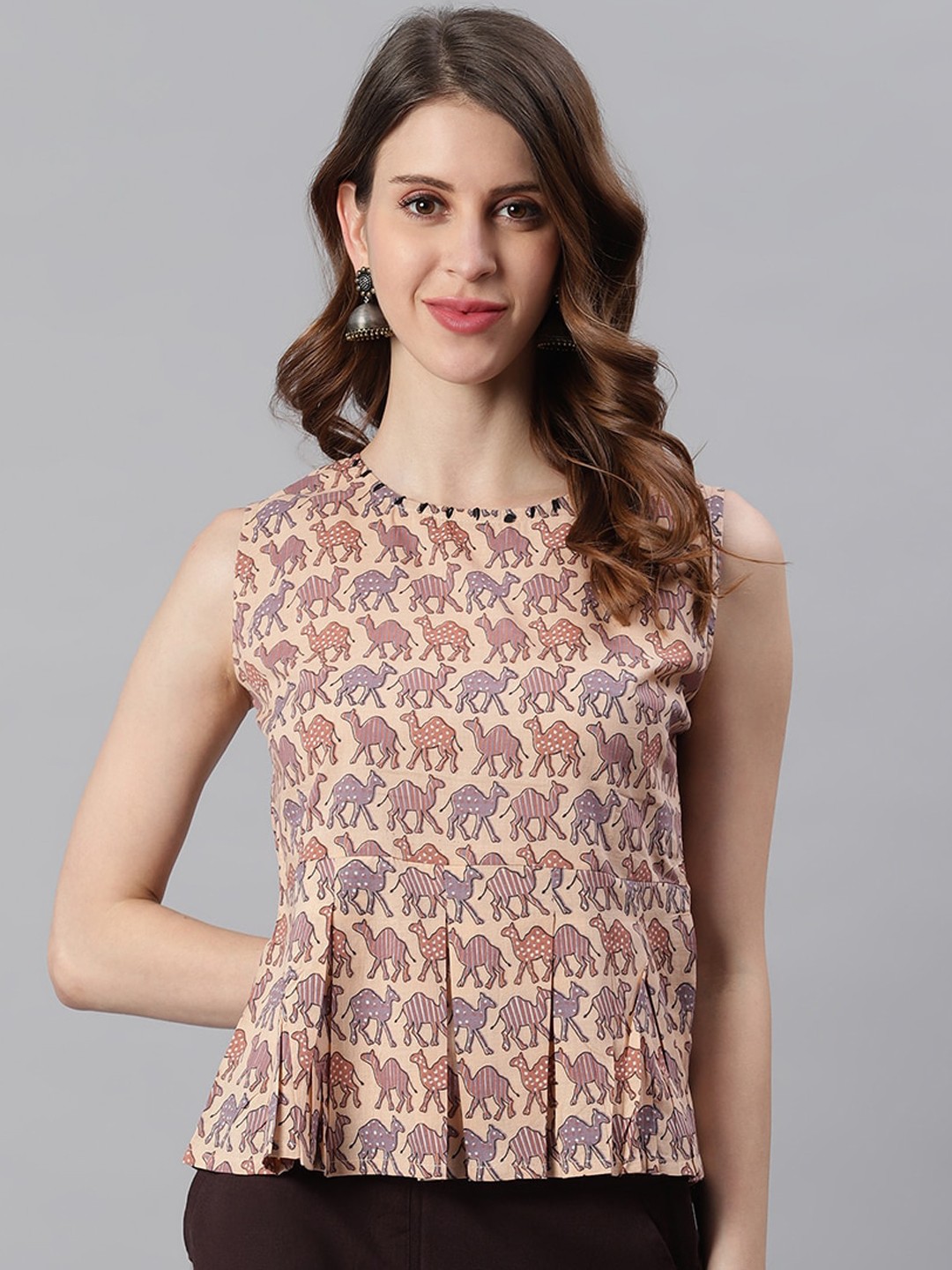 

Janasya Peach-Coloured & Purple Conversational Printed Pleated A-Line Top