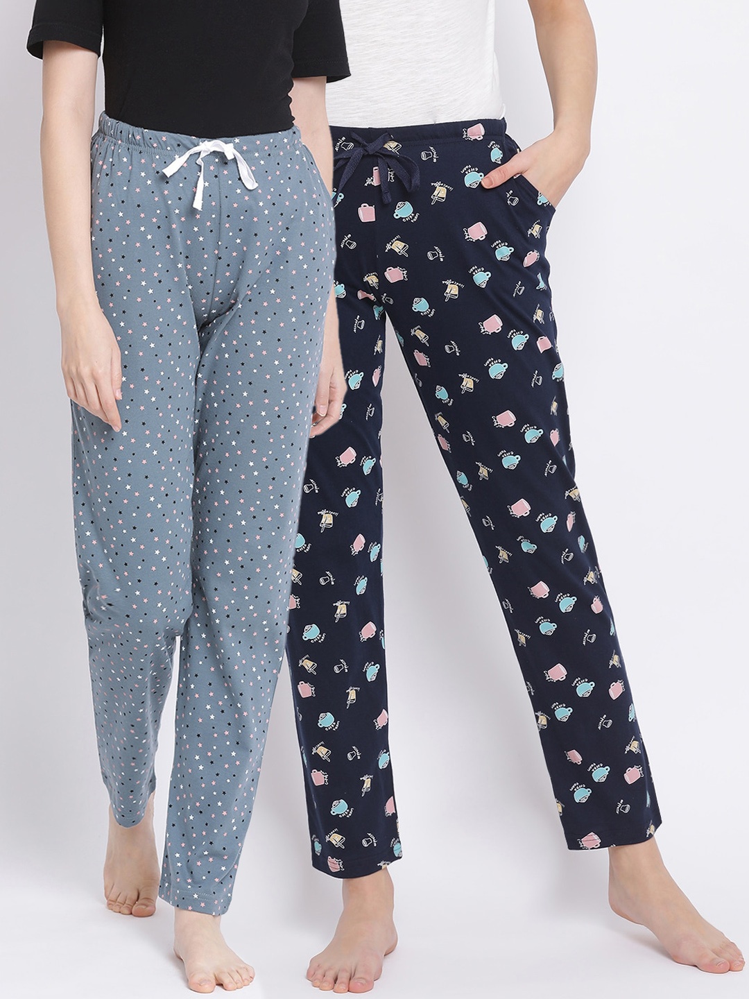 

Kanvin Women Pack Of 2 Printed Cotton Lounge Pants, Navy blue