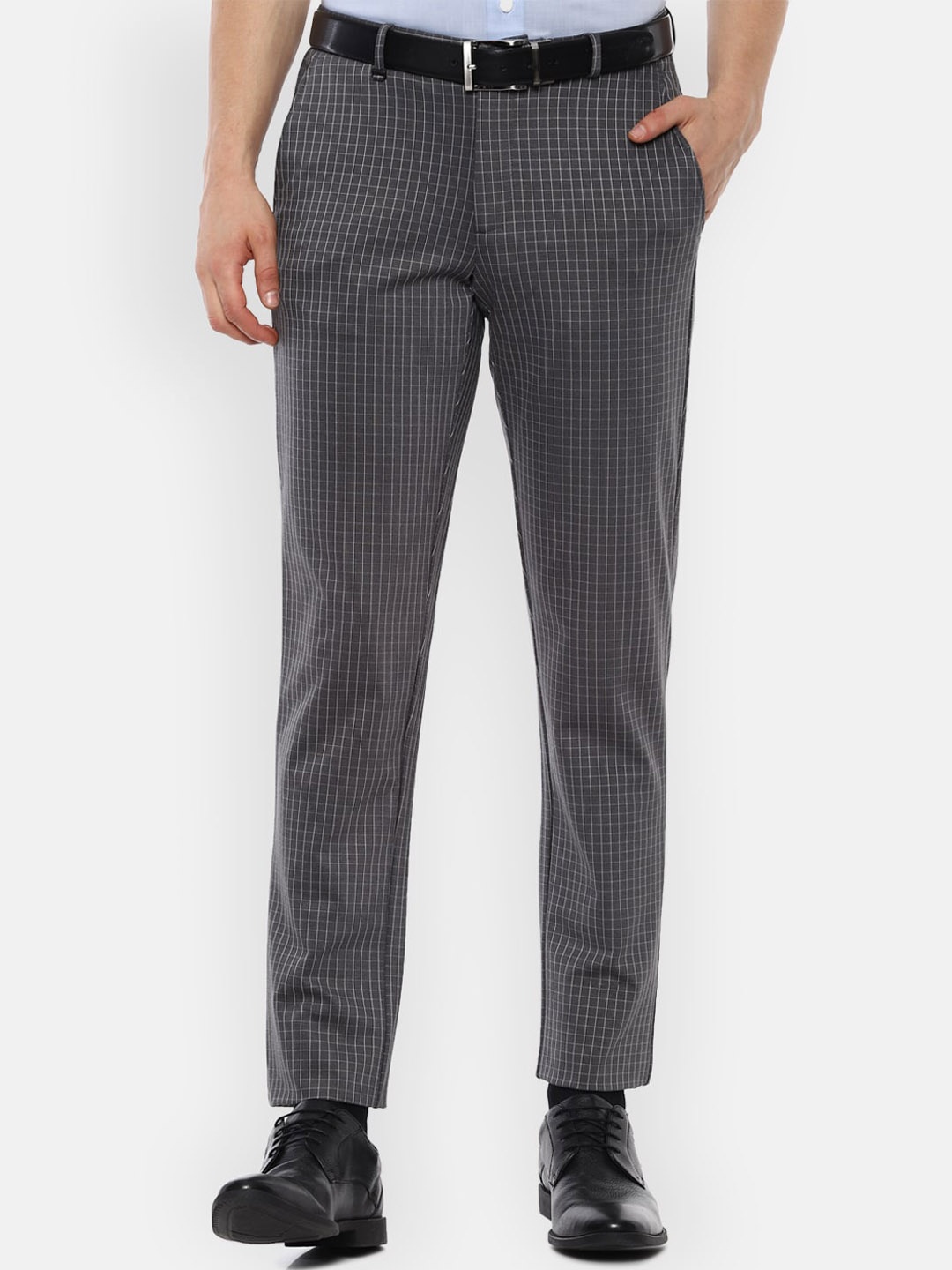 Van Heusen Men Charcoal Checked Formal Trousers