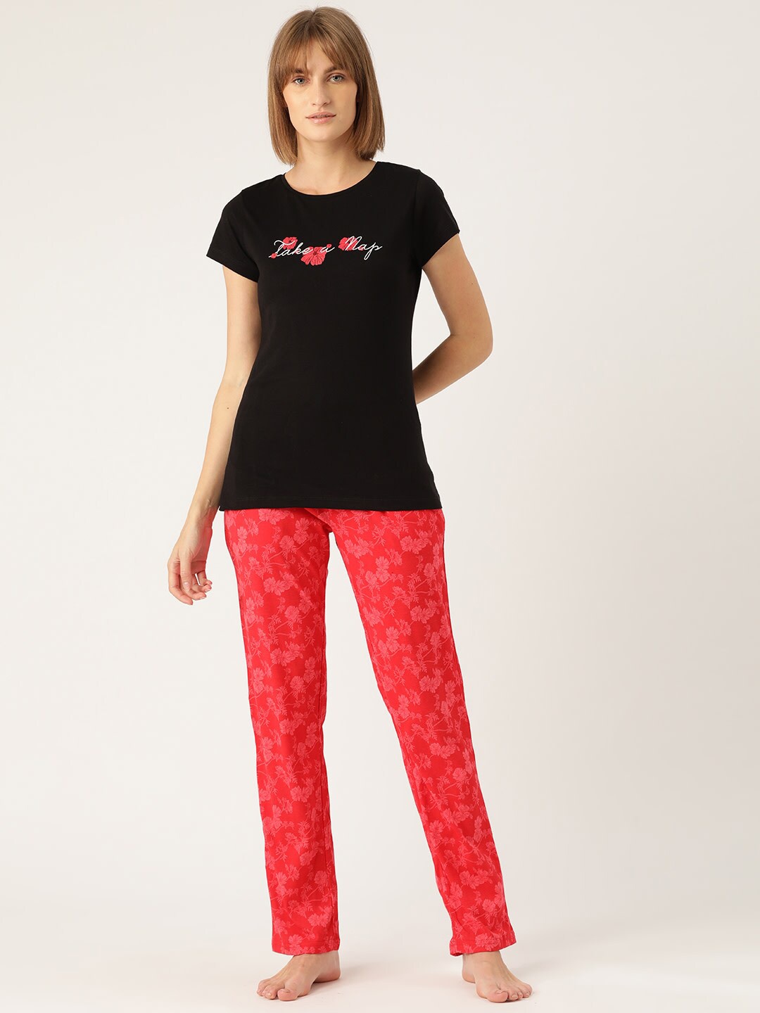 

Sweet Dreams Women Black & Coral Printed Night suit