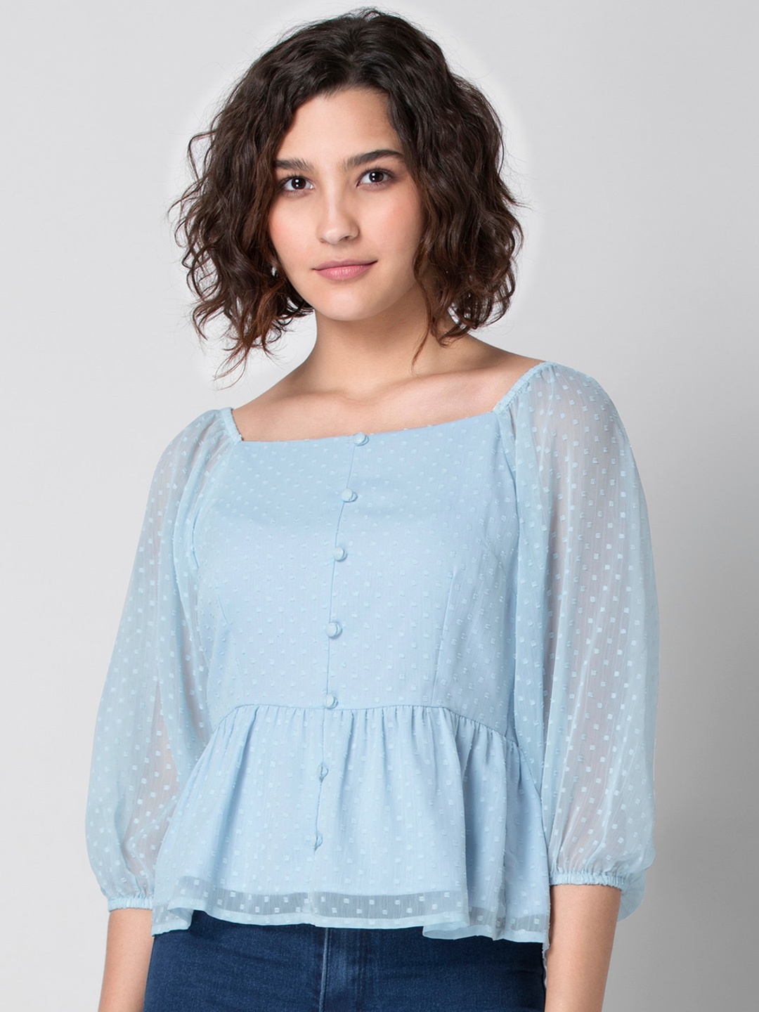 

FabAlley Blue Georgette Dobby A-Line Top