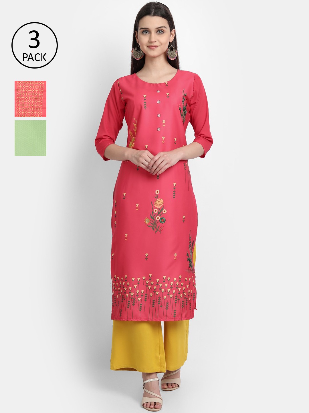 

Ethnic basket Women Pack of 3 Floral Printed Floral Crepe Kurtas, Pink