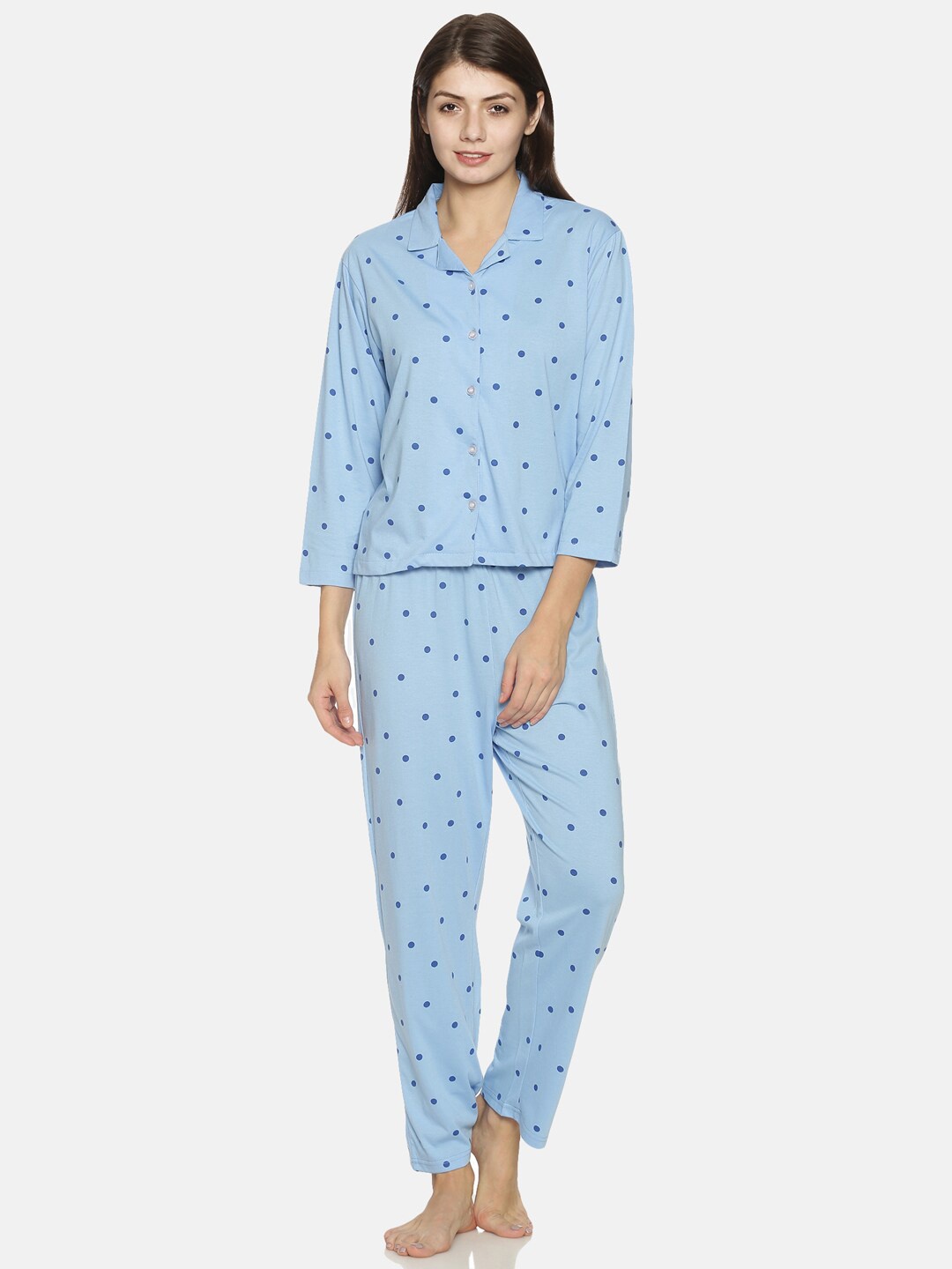 

Campus Sutra Women Blue Polka Dot Printed Cotton Night Suit