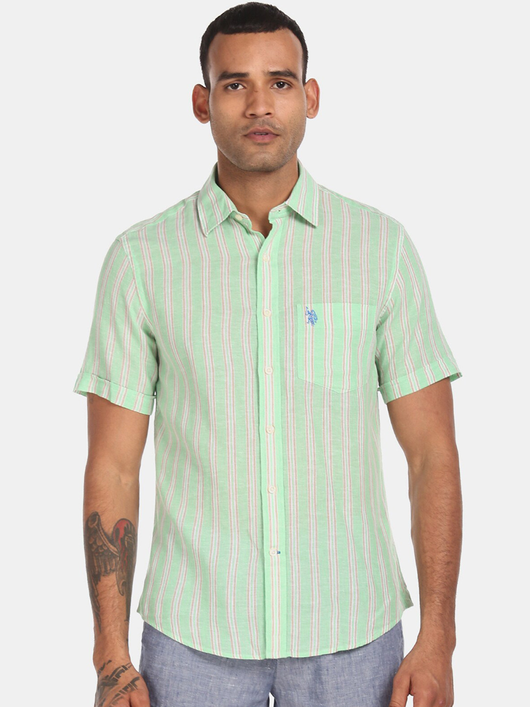 

U.S. Polo Assn. Men Green Linen & Cotton Striped Casual Shirt