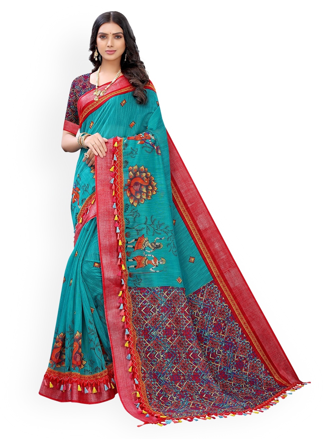 

KALINI Blue Printed Polycotton Saree