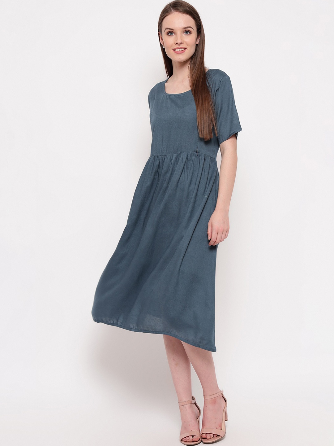 

Aawari Women Blue Solid Midi A-Line Dress