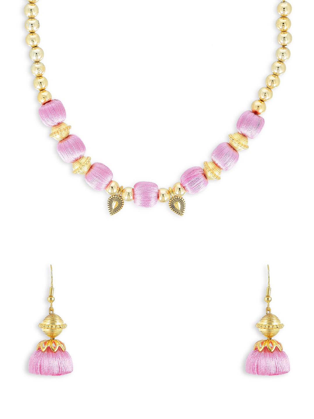 

AKSHARA Gold-Plated Rose-Coloured Beaded Handcrafted Jewellery Set