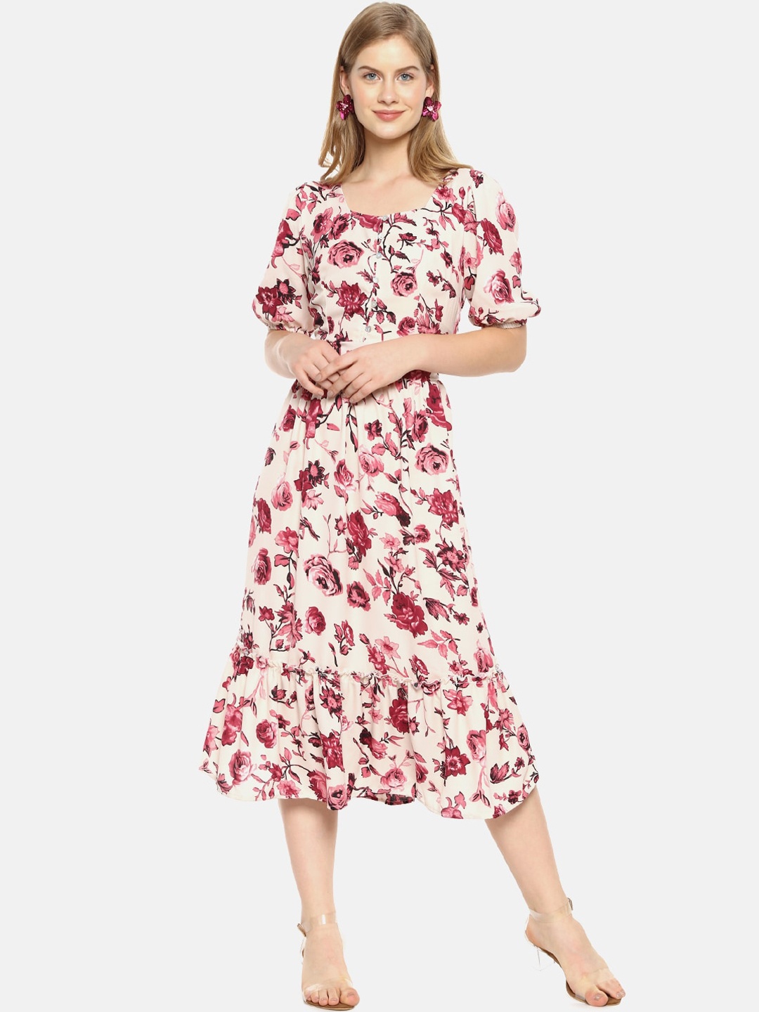 Campus Sutra Women Pink Floral Print A-Line Midi Dress