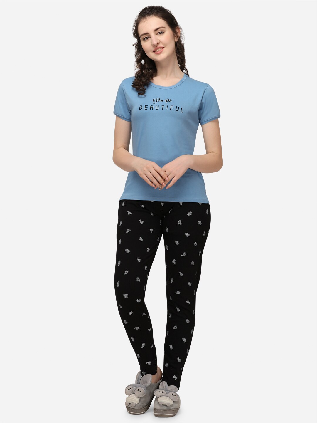 

Lenissa Women Blue Typography Cotton Pyjama Nightsuits