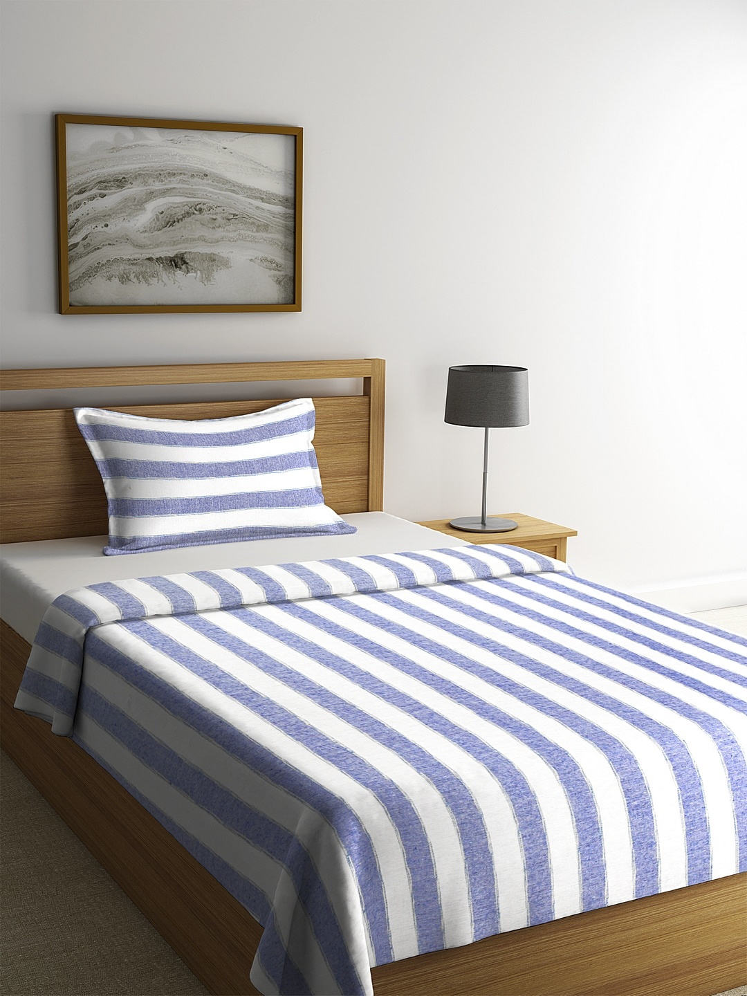 

KLOTTHE White & Blue Striped Cotton Single Bed Cover With Pillow Cover
