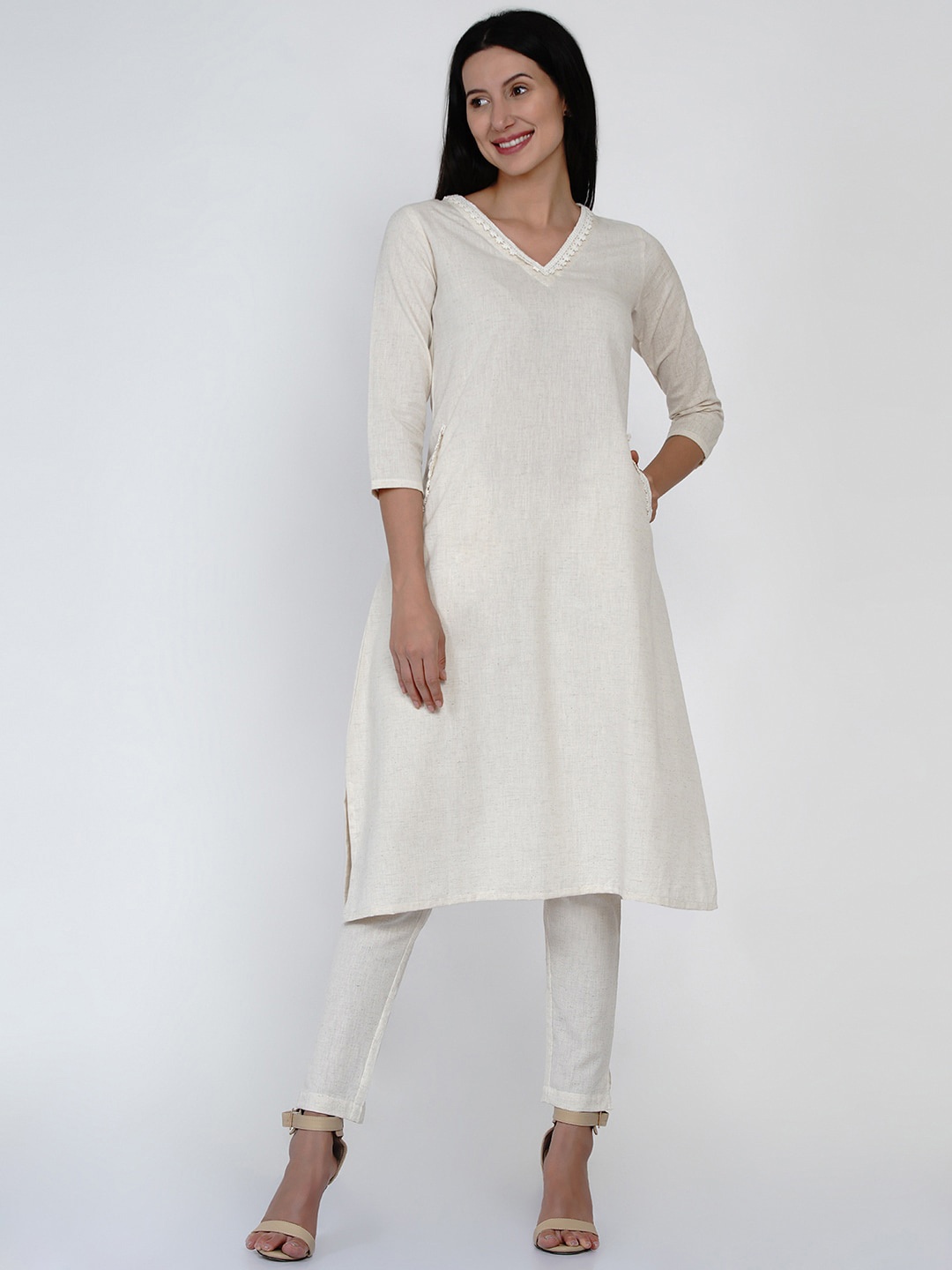 

FABNEST Women Off White Lace Insert Detailed Kurta