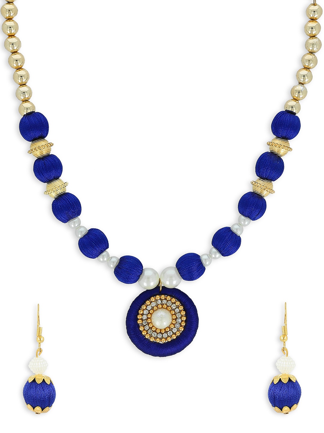 

AKSHARA Gold-Plated Blue & Beige Beaded Handcrafted Jewellery Set