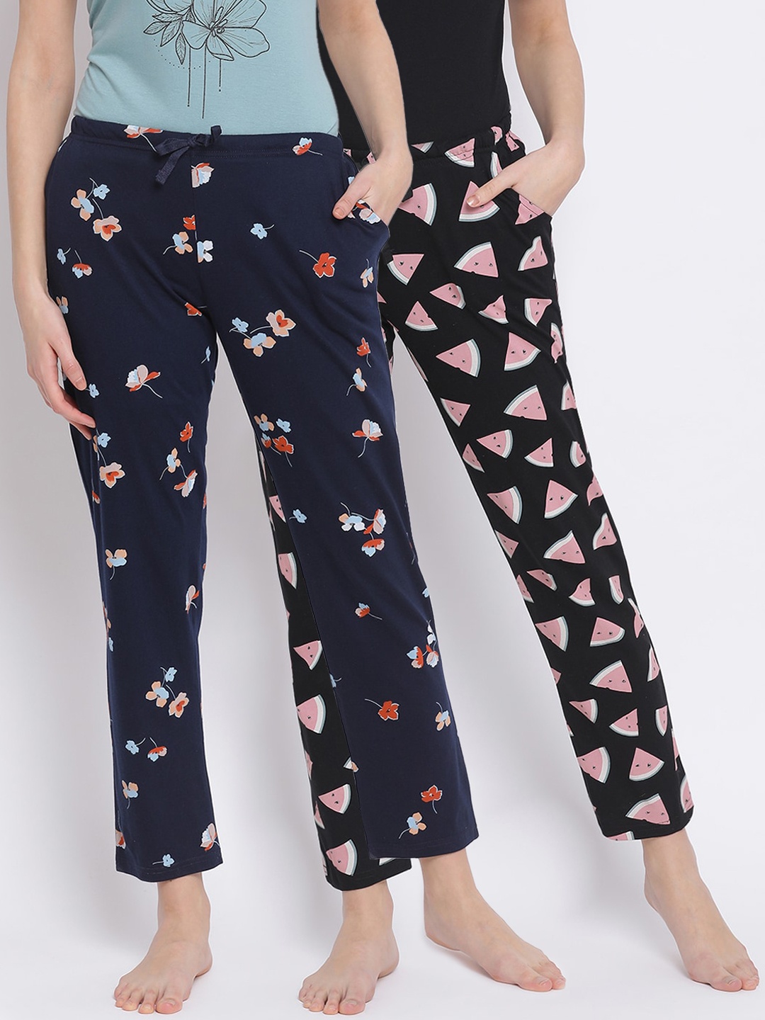 

Kanvin Women Pack of 2 Printed Cotton Lounge Pants, Navy blue