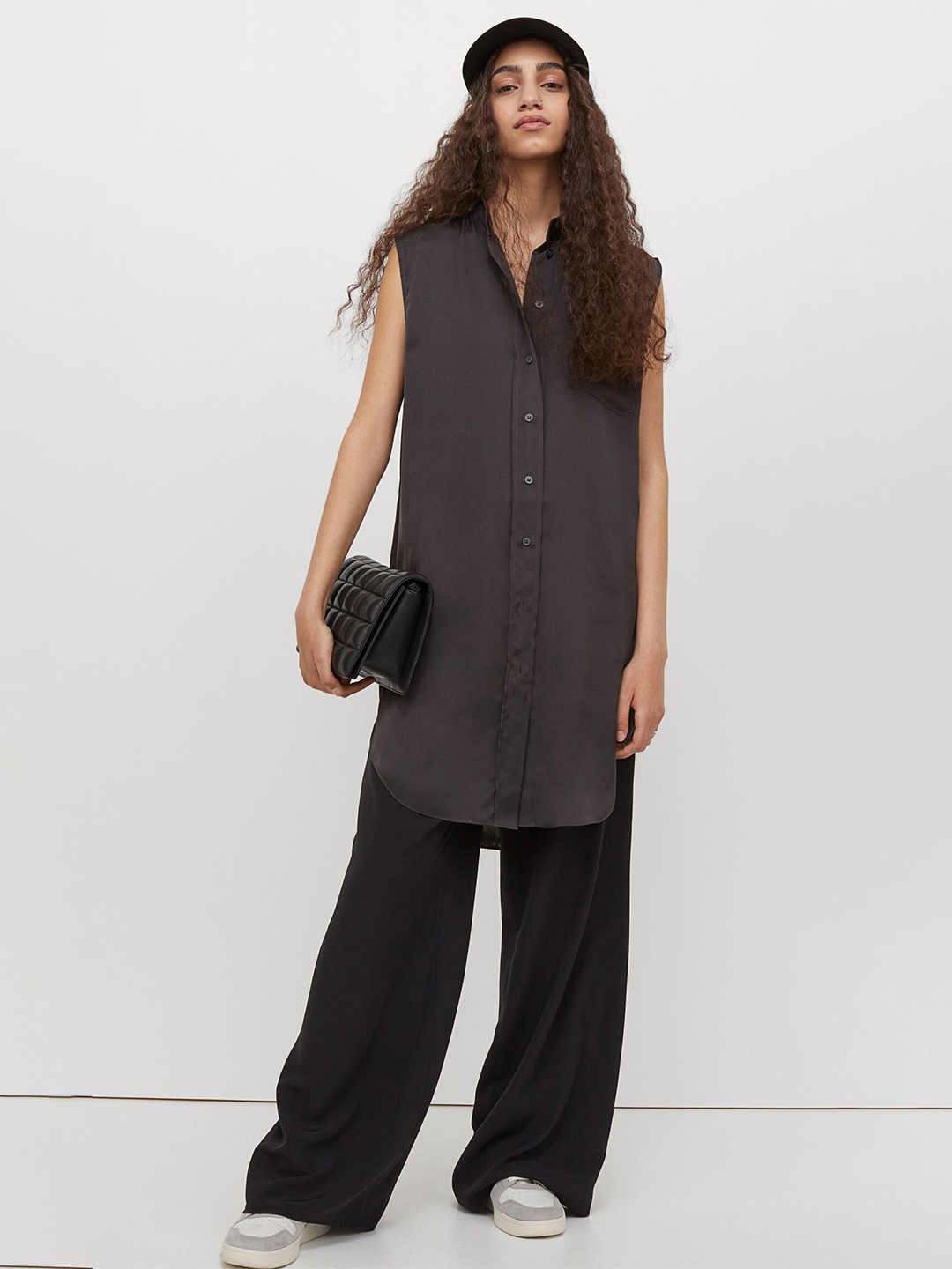 

H&M Women Black Solid Oversized Satin Tunic