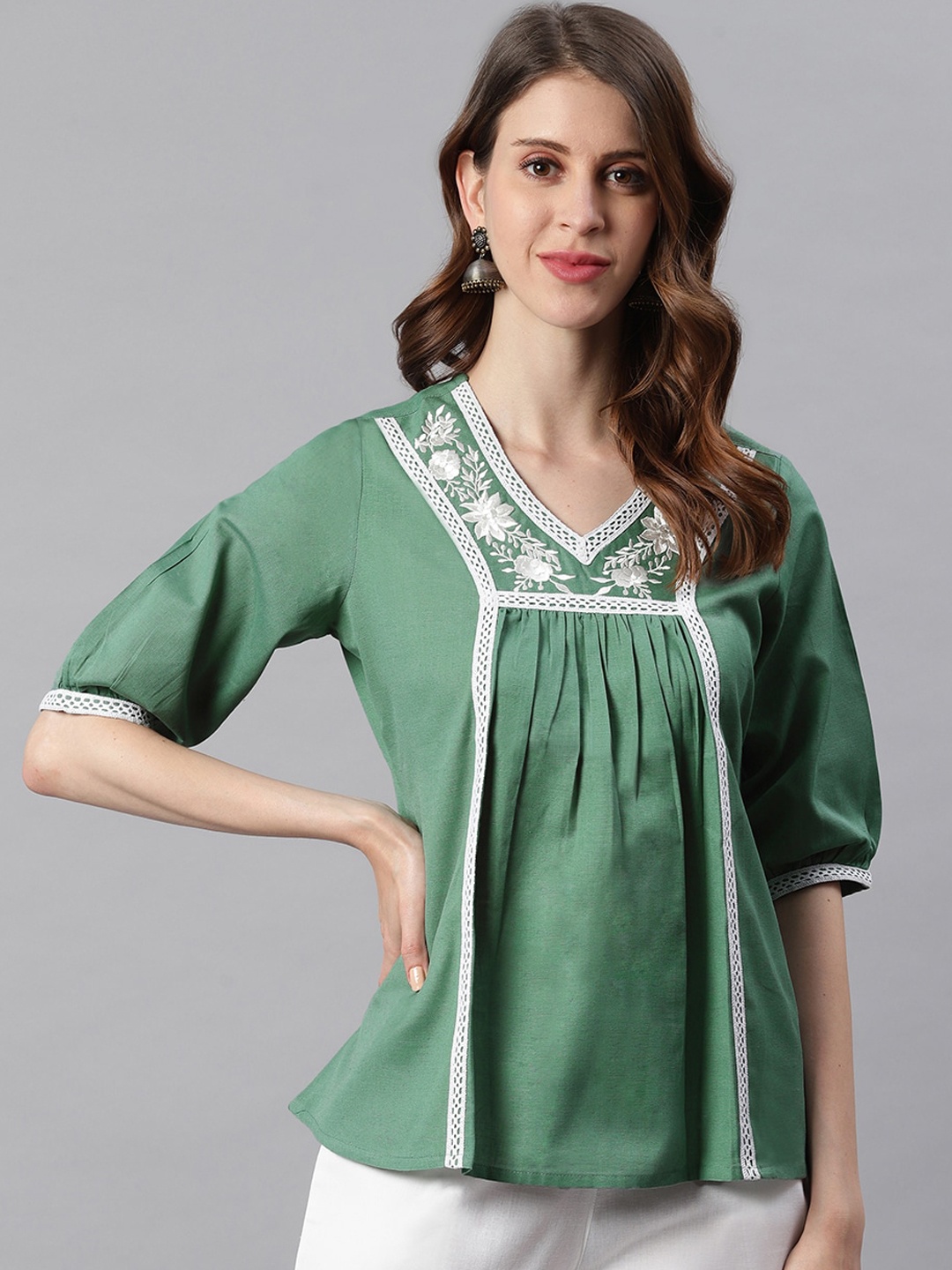 

Janasya Green Floral Embroidery Regular Top