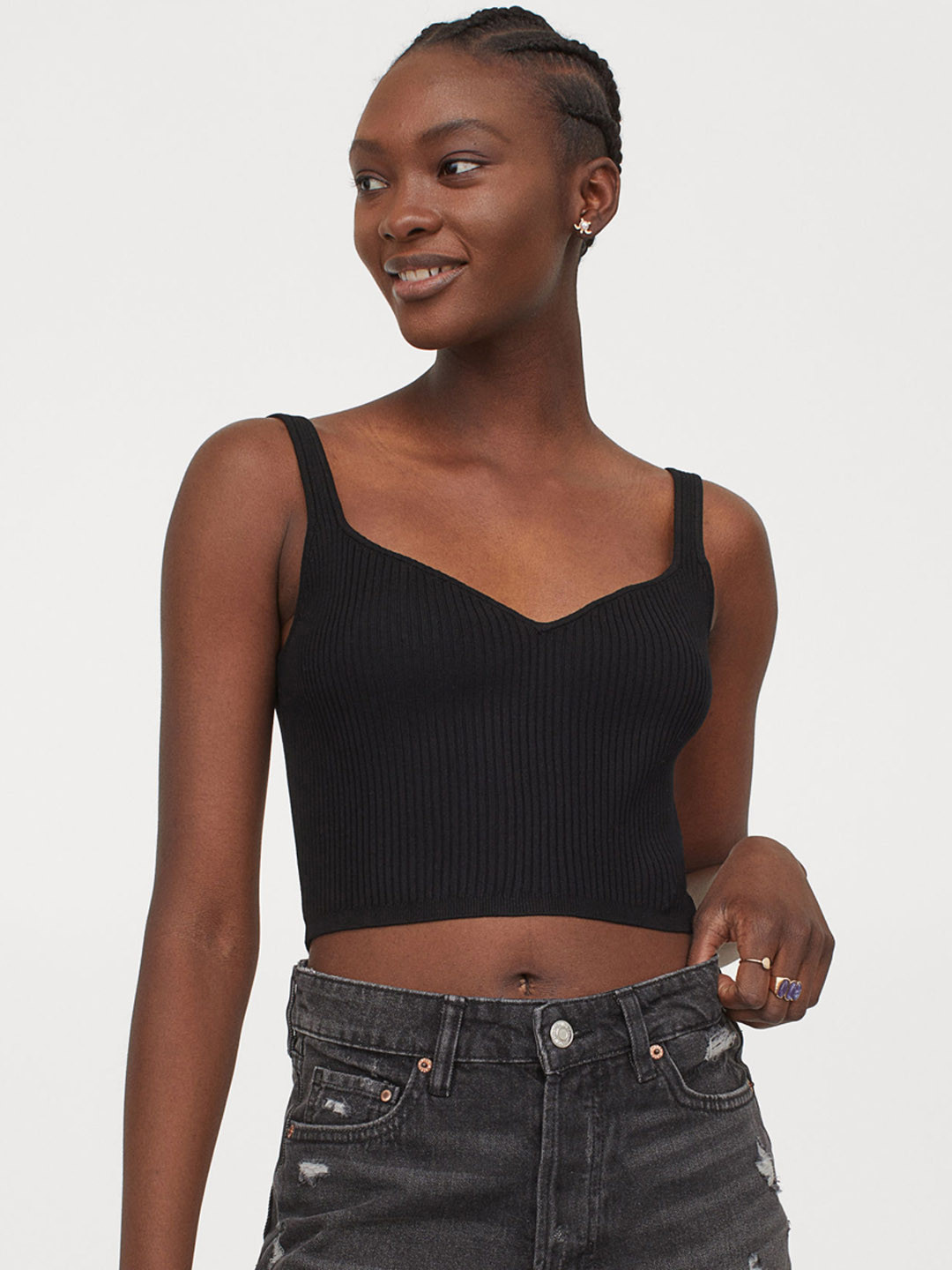 

H&M Women Black Solid Rib-Knit Top