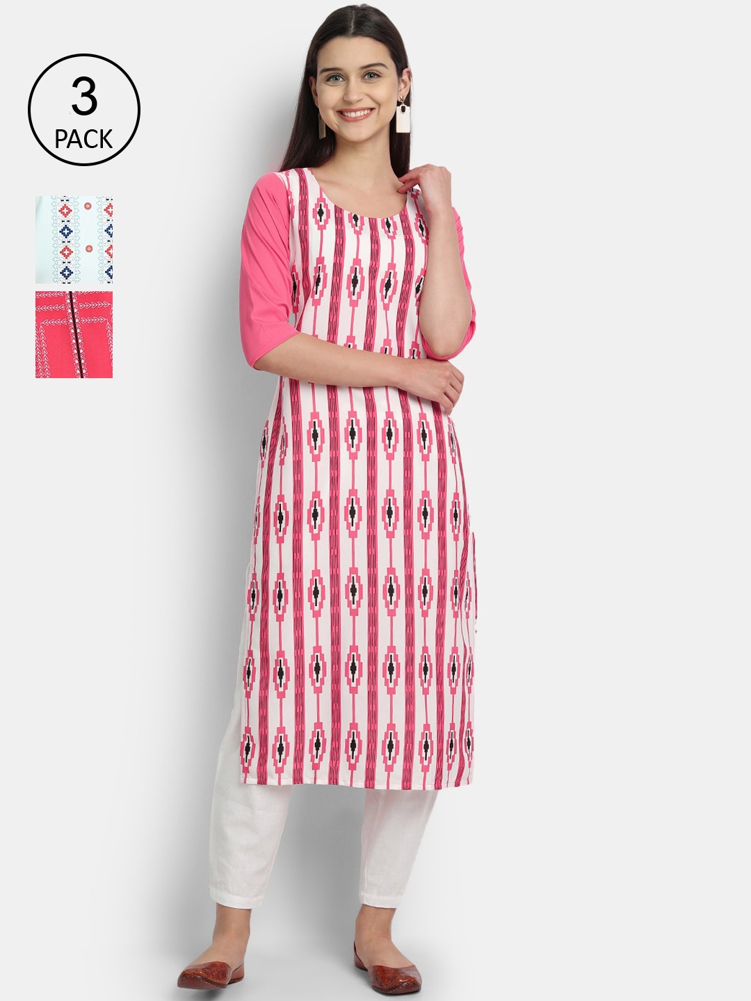 

Ethnic basket Women Pack of 3 Ethnic Motifs Printed Regular Sleeves Thread Kurta, Pink