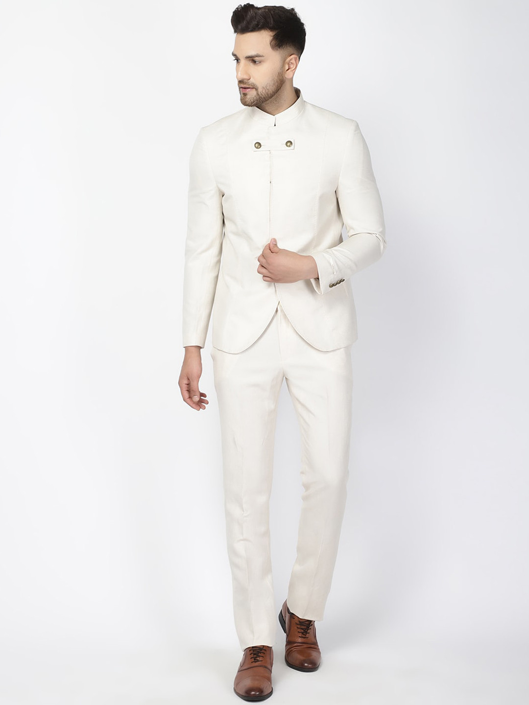 

Blackberrys Men Beige Solid Slim-Fit Bandhgala Ethnic Two-Piece Suit