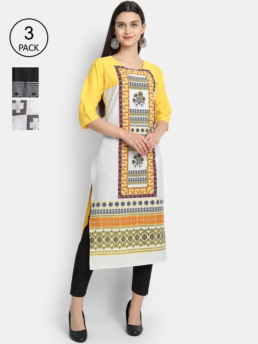 Ethnic basket Women Pack of 3 Ethnic Motifs Printed Regular Sleeves Thread Kurta, Yellow