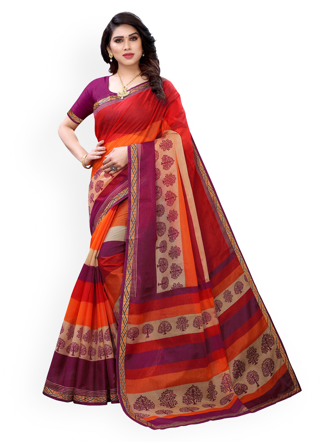

KALINI Burgundy Printed Polycotton Saree