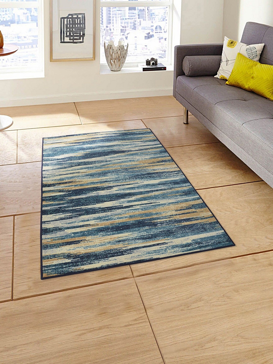 

RUGSMITH Teal Blue & Beige Printed Anti-Skid Carpet