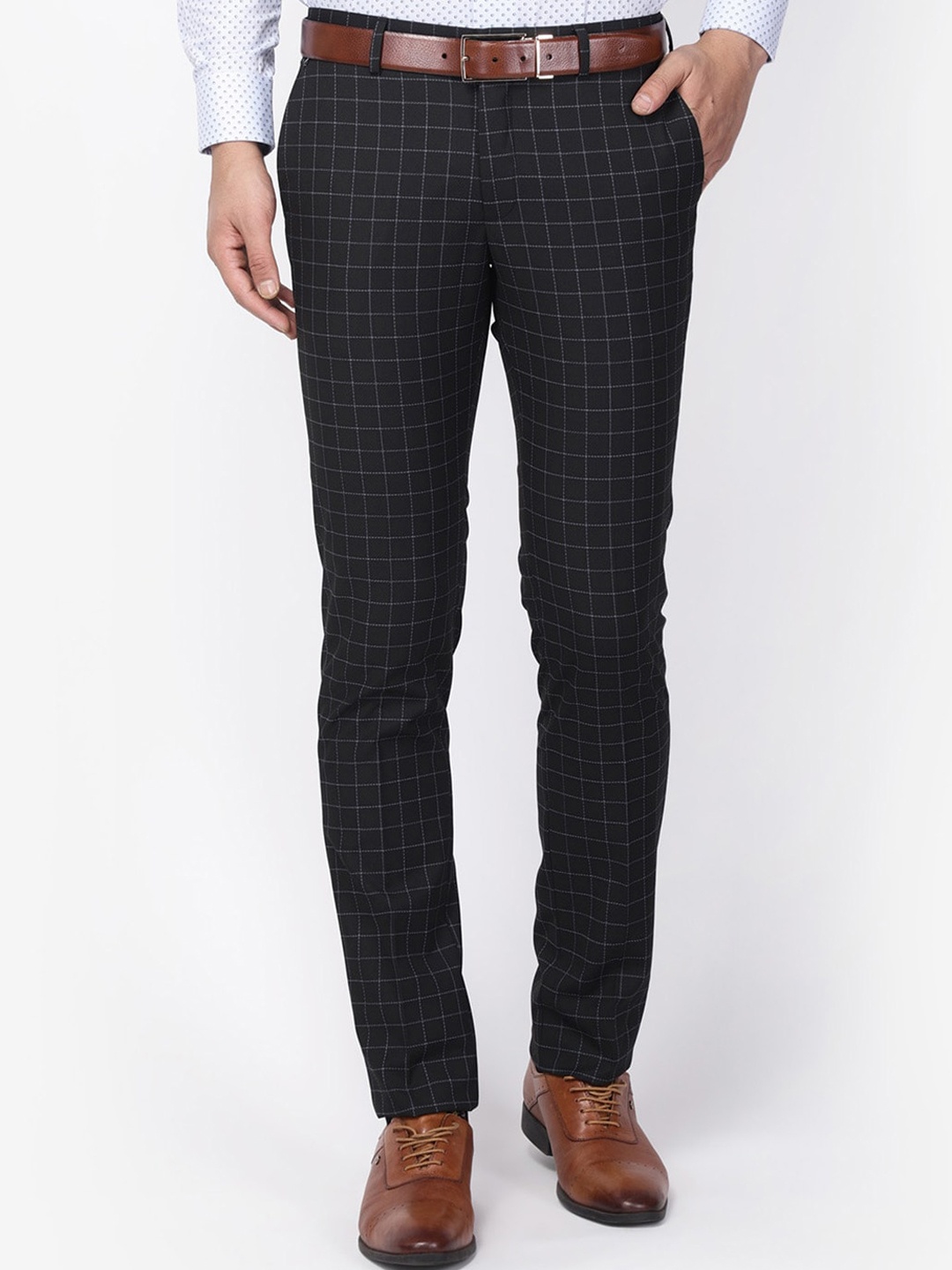 

Blackberrys Men Black B-91 Skinny Fit Checked Formal Trousers