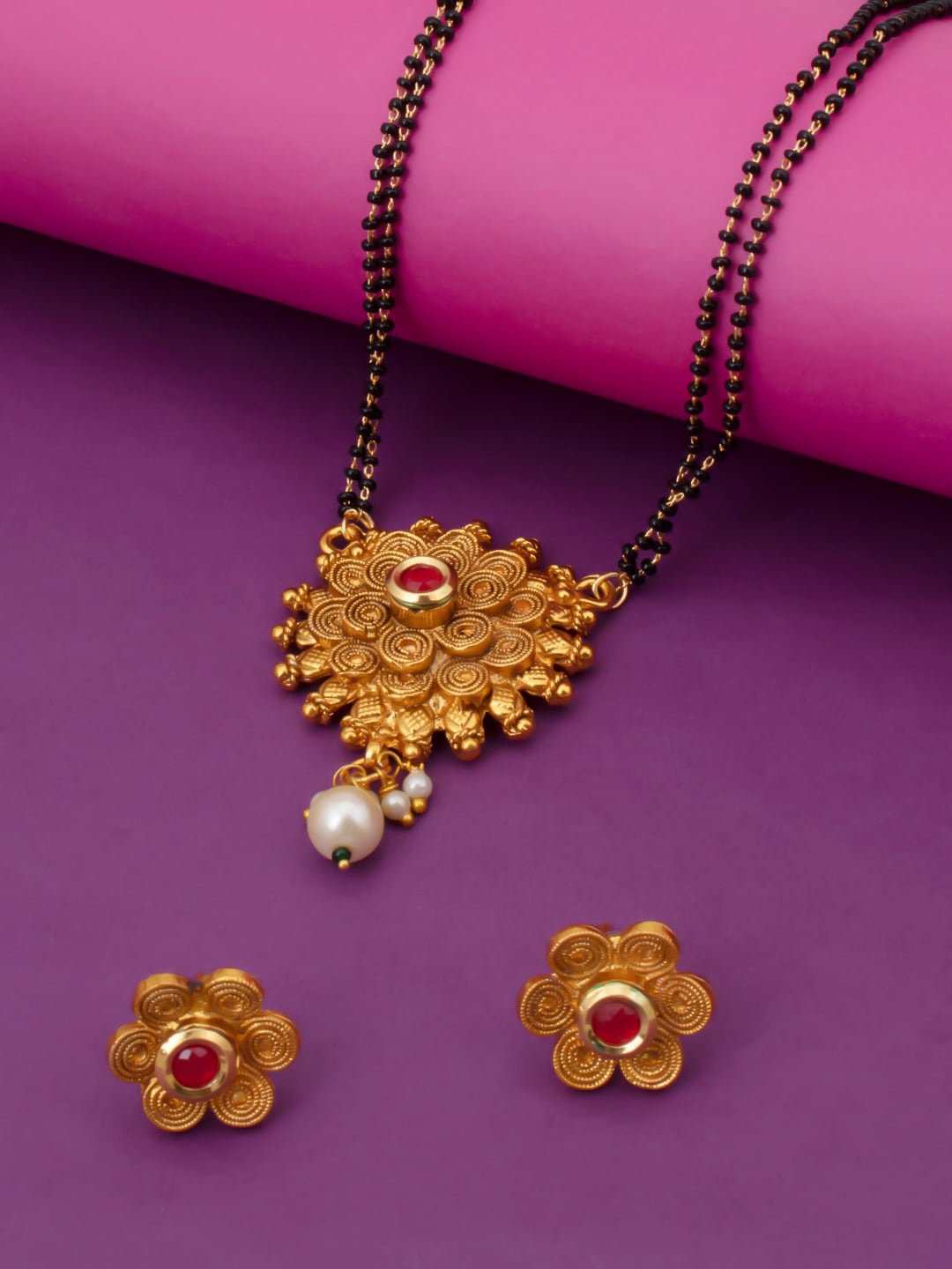 Sukkhi Gold-Plated Black & Red Stone-Studded & Beaded Mangalsutra With Earrings