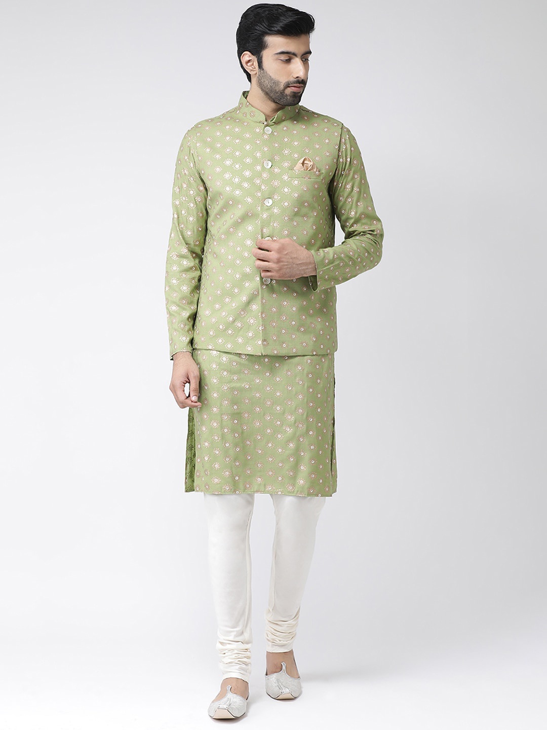 

KISAH Men Green & White Woven Design Straight Kurta & Churidar With Jacket