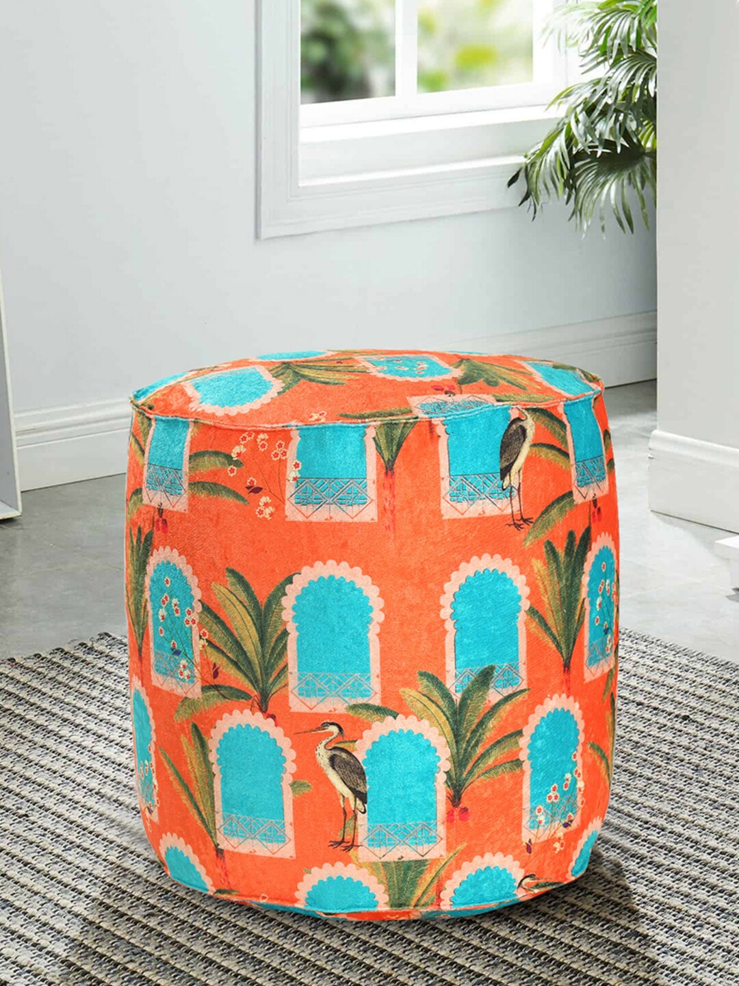 

India Circus by Krsnaa Mehta Orange & Green Printed Pouffe Cushion