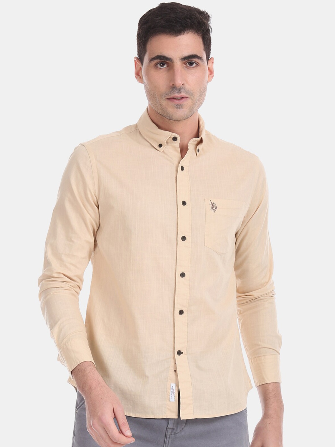 

U.S. Polo Assn. Men Beige Pure Cotton Solid Casual Shirt