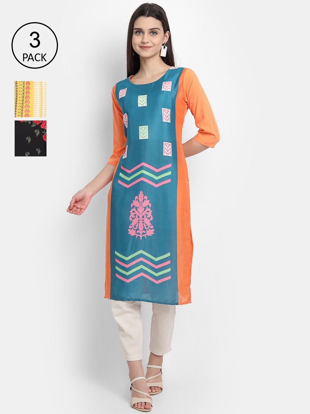 

Ethnic basket Women Pack Of 3 Printed Crepe Kurta, Blue