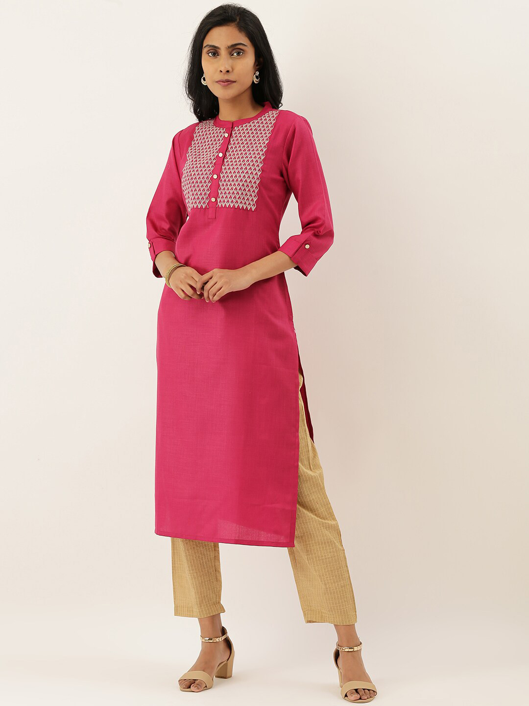 

Varanga Women Pink Ethnic Motifs Yoke Design Kurta with Trousers
