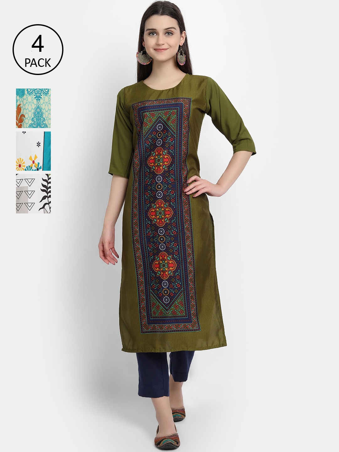 

Ethnic basket Pack of 4 Women Multicoloured Ethnic Motifs Printed Crepe Kurta, Multi