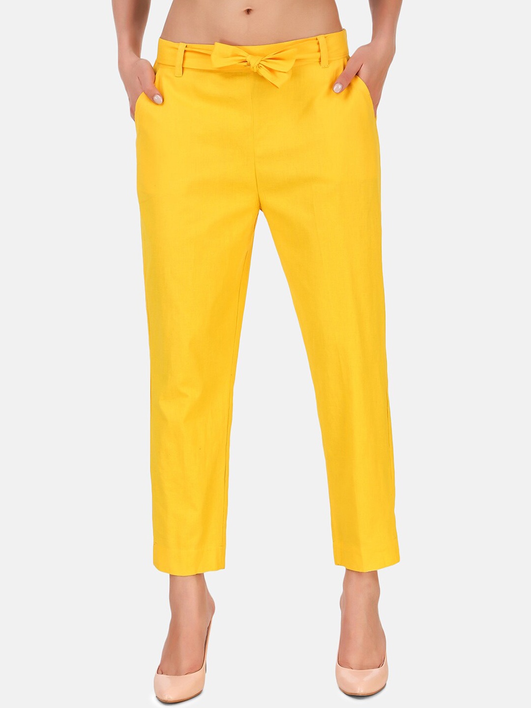 

Aawari Women Yellow Regular Fit Solid Regular Trousers with Belt